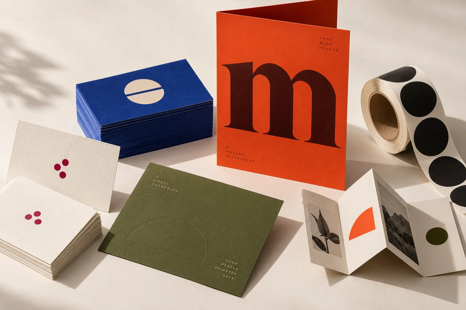 Colourful cards, folded menu, labels and textured invitations — an original studio concept