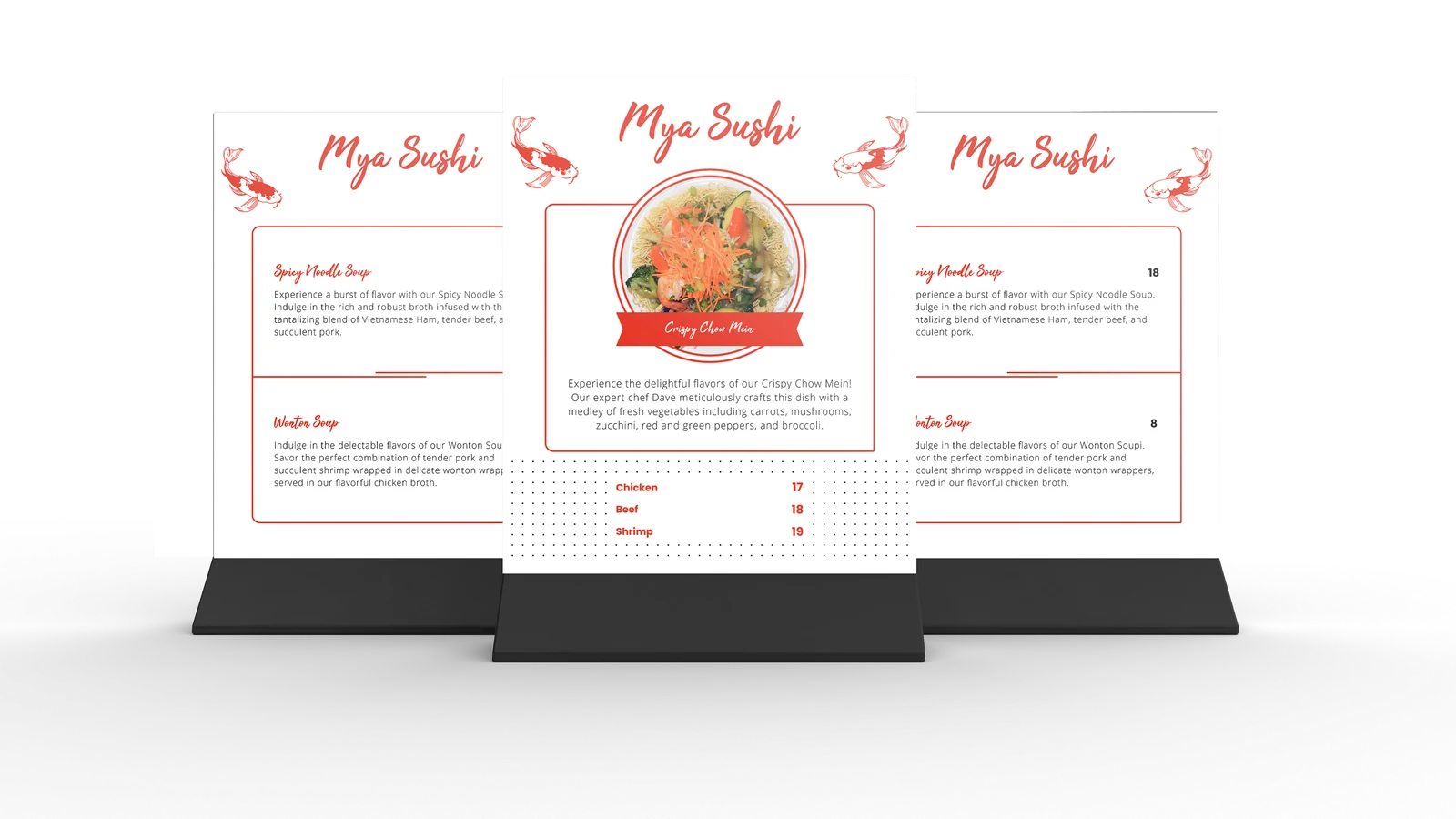 Computer-generated presentation of a Mya Sushi tabletop menu promoting a monthly special.