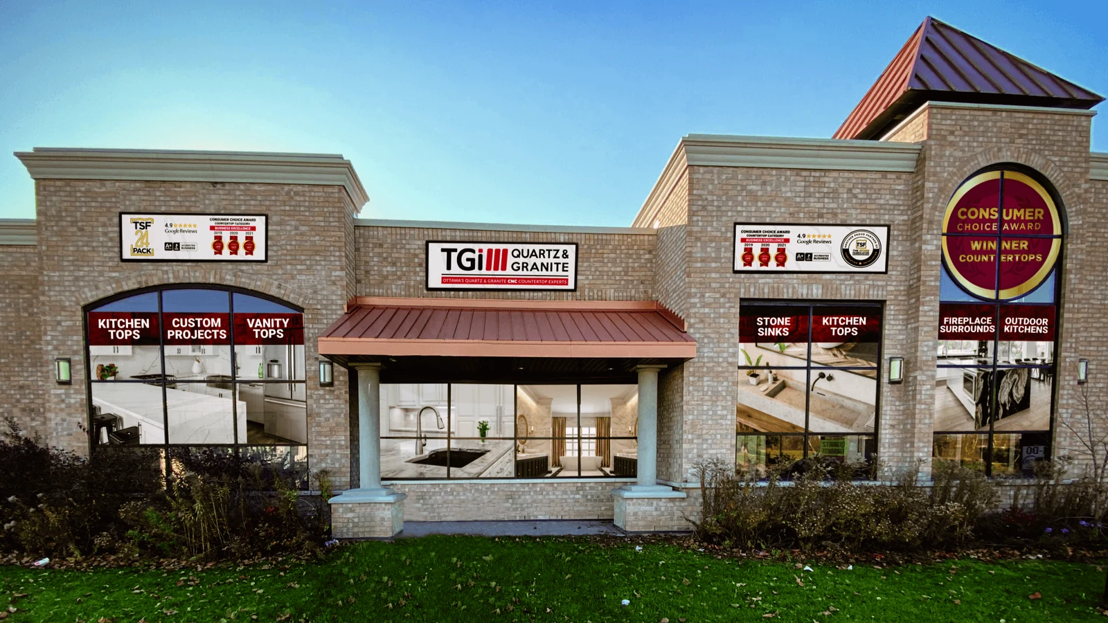 Rendered storefront design showing window graphics for TGi Quartz & Granite.